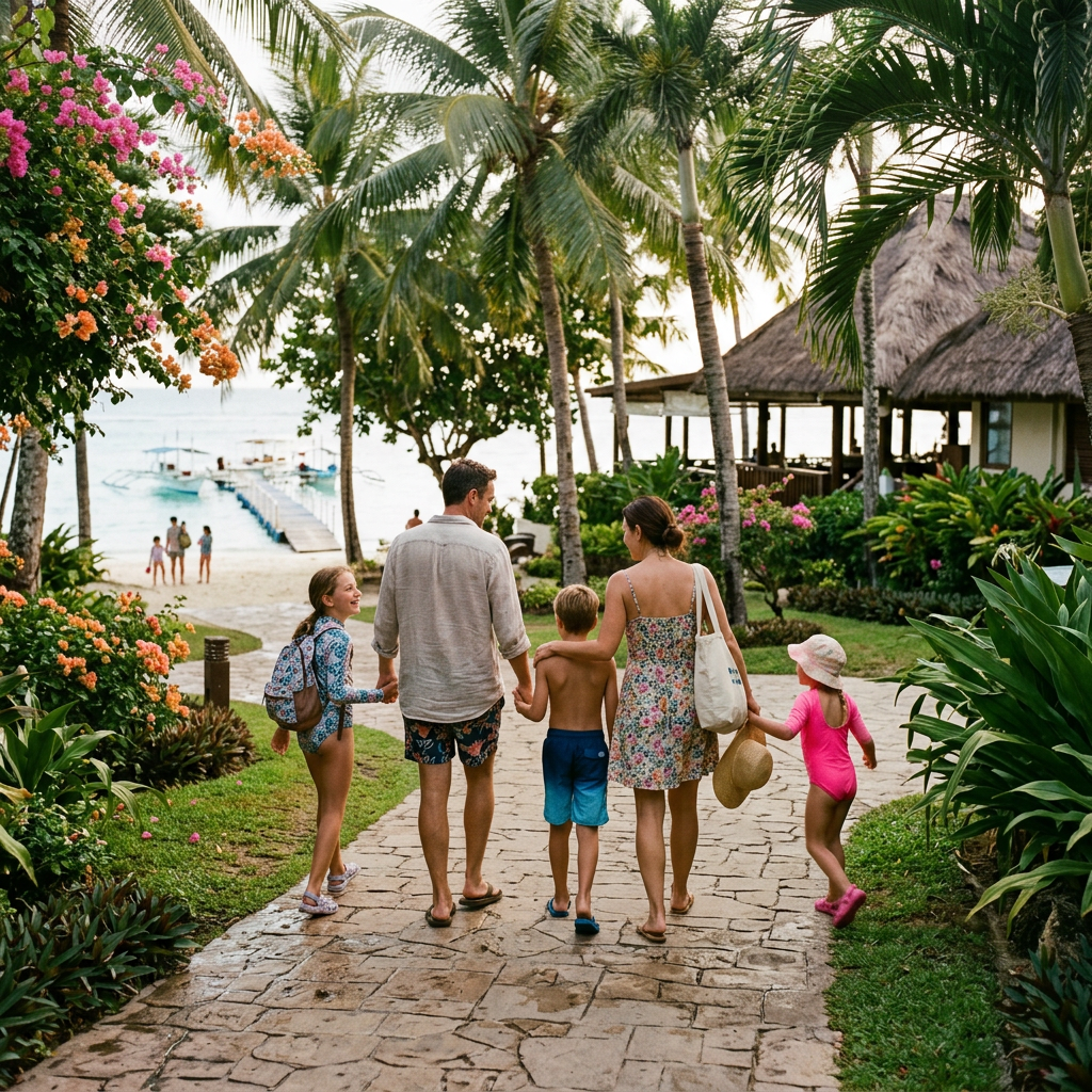 Family walking along a garden path toward a tropical beach