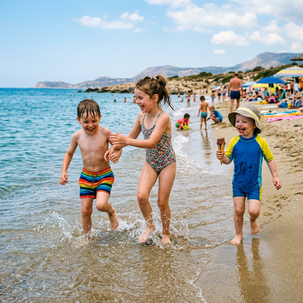 Three children playing in shallow seawater beside a busy beach