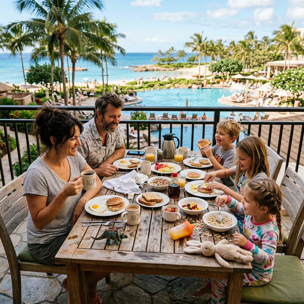 Family eating breakfast on a terrace overlooking a tropical beach resort