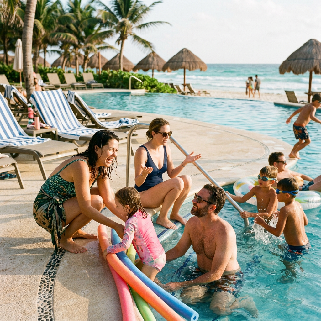 Friends and children enjoying an unposed resort holiday